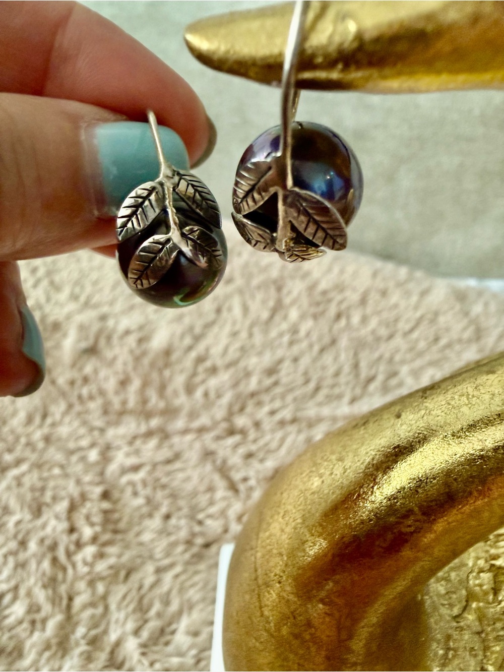 Sterling Leaf Drop Earrings with pearls